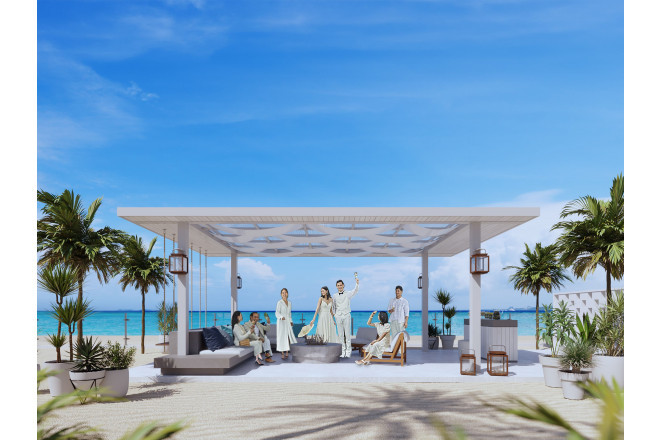 セレモニー後はチャペル横のビーチテラスでゲストとドリンク片手に優雅なひとときを