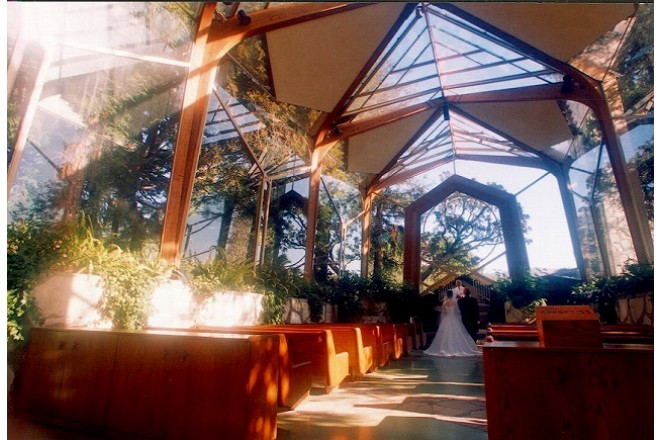 明るい太陽の光が温かくふたりを包み込みます。バージンロードもナチュラルカラーに統一され、アウトドア感覚のウエディング。