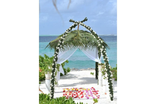 モルディブのエメラルドグリーンの海にトロピカルなフラワー。楽園を思わせる光景です