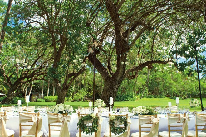 ハワイらしい自然あふれるガーデンパーティは、華やかなテーブルコーディネートでお洒落な演出を