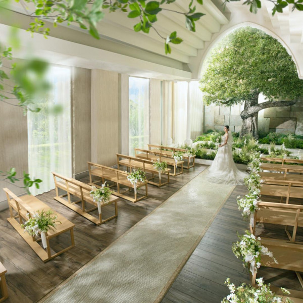 やわらかな光と緑に照らされ、最上階のセレモニースペース／シンボルツリーで誓う“ふたりの愛の物語”