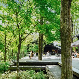 湯川の清流沿いに連なる個性的なお店を楽しめる、森の中の小さな街 「ハルニレテラス」