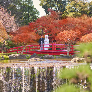 太鼓橋と大滝、鮮やかな紅葉のコントラストが、ふたりの晴れ姿を一層引き立てる