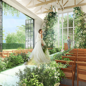 正面の祭壇には見上げるほど圧巻なフラワーアーチが飾られ、薫り立つ花々や緑に包まれながら、おふたりの誓いの瞬間を華やかに彩ります。|ルークプラザホテルの写真(24168302)
