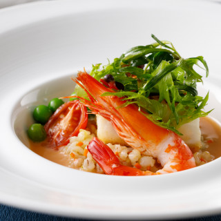 【魚料理】海の幸のパナッシェ もち麦のリゾット 海老のブルトンソース