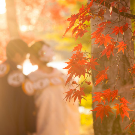 【和装】秋の蓼科湖を舞台にした前撮り。鮮やかに色づく紅葉が11月第一週目に最高潮を迎え、和装姿をより一層引き立てる絶好のロケーションです。