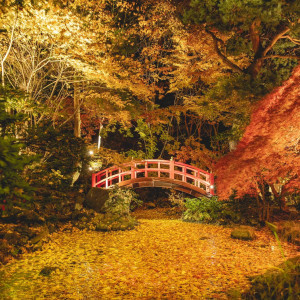 秋の紅葉ライティングに染まる日本庭園。圧巻のロケーションの中での結婚式は見るものすべての記憶に残り続けます。|エルムガーデンの写真(33388856)