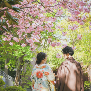 「春」・・・八重桜の下での色打掛の撮影シーン。季節に合わせたコーディーネートを楽しめます。