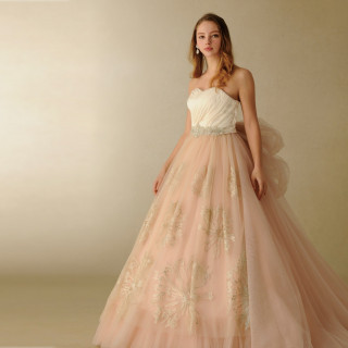 女性心をくすぐるスモーキーピンクに優しい色合いの繊細で大人な佇まいのドレスです