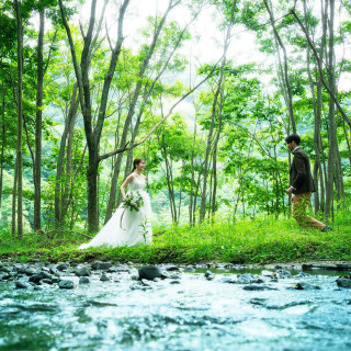自然のグリーンがウェディングドレスの白さを一層際立てます