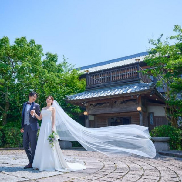 青空のもと風になびくベール