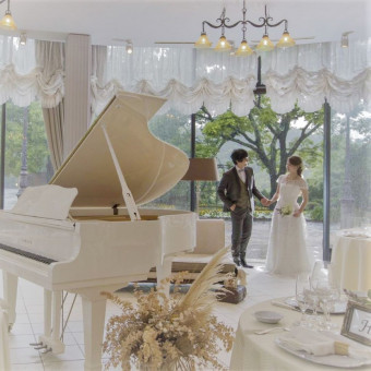 真っ白なグランドピアノは、演奏することも可能。オブジェとして飾っても華があります。