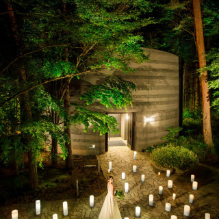 石の教会と雄大な森のコントラスト。夜に浮かび上がる幻想的な空間