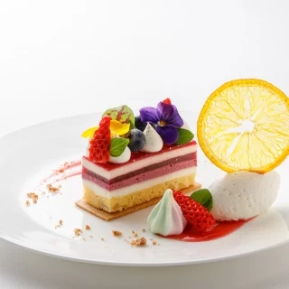 赤い虹に見立てた4種のベリーのムースケーキ 八ヶ岳高原のヨーグルトアイスクリームを添えて