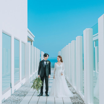 光と風に祝福されるような、美しく澄んだ瞬間。白と青のコントラストが永遠の誓いを際立たせます