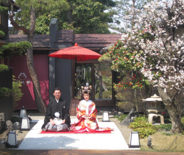 ある小春日和の前撮り写真。梅の花がちょうど咲いていて、まるでお雛様のよう