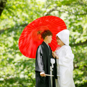 真っ赤な番傘と緑のコントラストが美しいショット|アンジェローブ・ジェルネの写真(45077482)