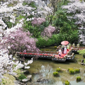 四季折々の景色が楽しめる庭園から新郎新婦と両家家族が共に歩む「庭参進」