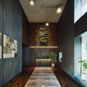 岐阜の伝統工芸・郡上紬と番傘をモチーフにしたエントランス|岐阜モノリスの写真(53679361)