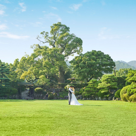 天然芝の向こうに広がる大クスノキがふたりを祝福