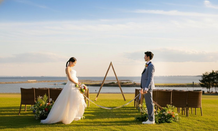 海が一望できる芝生で開放感のある自由なウエディング＊水平線に臨むパノラマビューも魅力！
