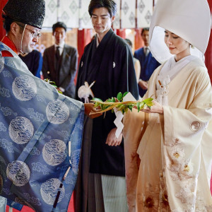 【玉串拝礼】おふたりの感謝と祈りを込め、玉串の根本をご神前に向けてお供え|神田明神 明神会館の写真(43229660)