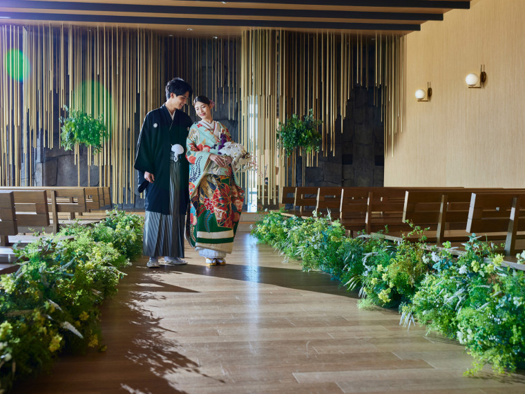 名古屋城の石垣をモチーフにした祭壇で趣ある和装婚