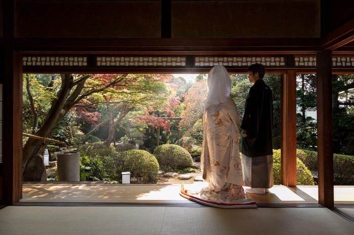 会場の先に広がるのは、200坪の枯山水日本庭園。四季の景色を眺めながら心温まるひとときを。