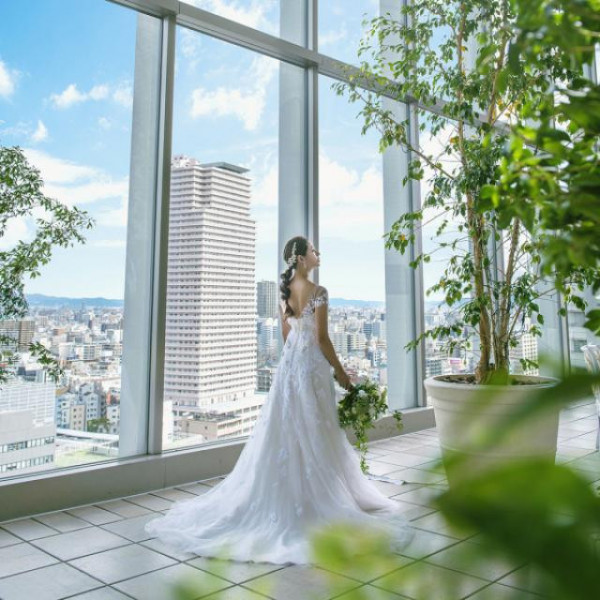 眺望を背景にしたドレスが際立つ美しい花嫁ショット