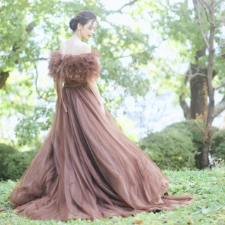 チュールを贅沢に使用したドレスは歩くたびにふわりと揺れより一層花嫁を美しくみせる