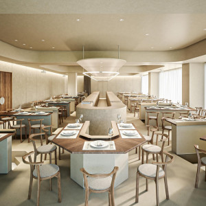 会場中央のセンターキッチンで、仕上げの火入れや盛り付けをライブでご提供。シェフから直接料理説明があり、臨場感のある体験に。|CRAZY GRANDE MAISONの写真(56107242)