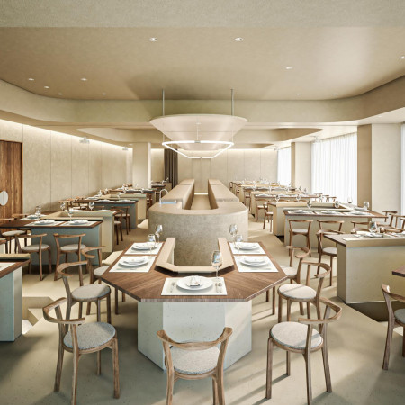 会場中央のセンターキッチンで、仕上げの火入れや盛り付けをライブでご提供。シェフから直接料理説明があり、臨場感のある体験に。