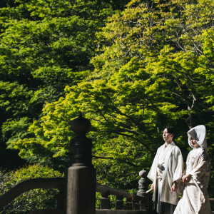 【フォトウェディング】色鮮やかな和装が緑あふれるガーデンに映える華やかな瞬間。自然と調和した美しい景色が、特別な一日を彩るフォトジェニックな舞台に|アネーリ大宮（旧：ヴィラ・デ・マリアージュさいたま）の写真(52895471)