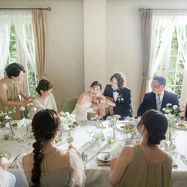 柔らかな陽光が差し込む上質な空間。親しいゲストと愛犬に囲まれ、自然体で楽しむプライベートな時間。