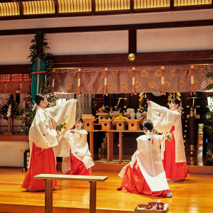 豊栄舞｜菊の花を手にした4人の巫女が新郎新婦の門出を祝して舞を|東京大神宮マツヤサロンの写真(53343407)