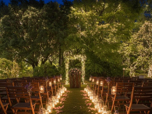 木々に囲まれた天然芝のガーデン