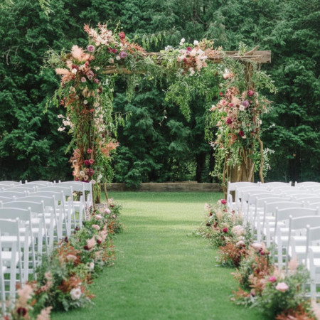 足元には緑鮮やかな芝生が広がり、ナチュラルでリラックスした雰囲気を演出します。この緑の絨毯の上で、心地よい風と陽光を感じながら誓いを交わすことができます。