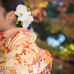 鮮やかな色打掛は会場にも映え、花嫁様を華やかに引き立てます|御料理 万る山(国登録有形文化財)の写真(56610575)