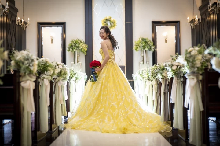 結婚式 カラードレス 新婦 イエロー 黄色 ゴールド 系 パニエ ウエディング 結婚式 カラードレス 新婦 イエロー 黄色 ゴールド 系 パニエ