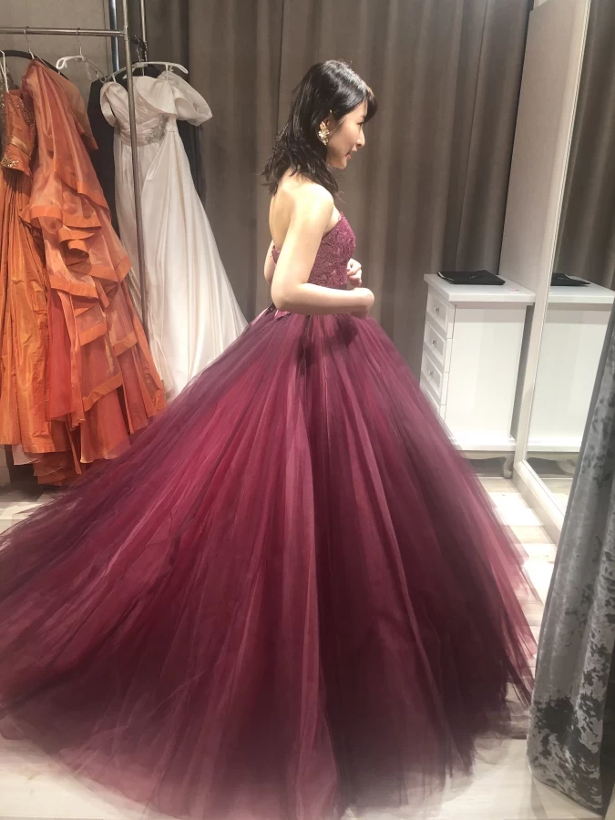 ブラウンチュール ハートカットスパンコール Aライン ワインレッド