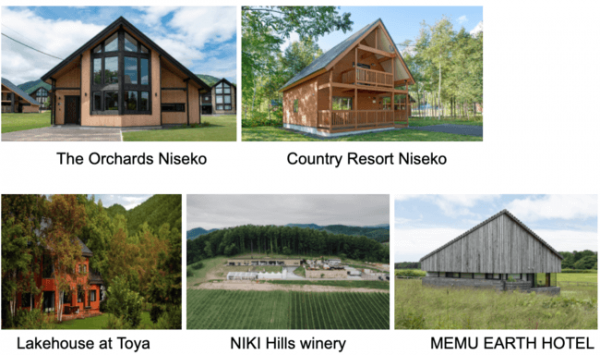 ＜ニセコエリア＞
・The Orchards Niseko
・Country Resort Niseko 
＜洞爺湖エリア＞
・Lakehouse at Toyako 
＜余市・仁木エリア＞
・NIKI hills winery
＜帯広エリア＞
・MEMU EARTH HOTEL