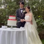 華やかな緑の中の感動ケーキ