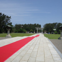 真っ赤のじゅうたんをひいた護国神社での神前式。