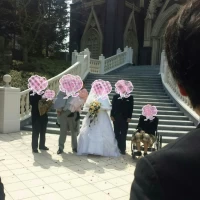挙式後、教会をバックに両親と