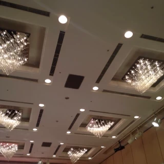 豪華で小さめの照明が並んだ、披露宴会場の天井。