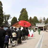 参進は雅楽の生演奏と巫女さんの先導で、親族や友人も一緒に。
