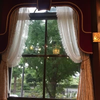 クラシカルな窓の先に山下公園が見えます