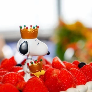 ウェディングケーキの上に、スヌーピーのミニフィギュア