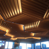 天井の幾何装飾が印象的。木材も本物だそうで、質感が高いです。