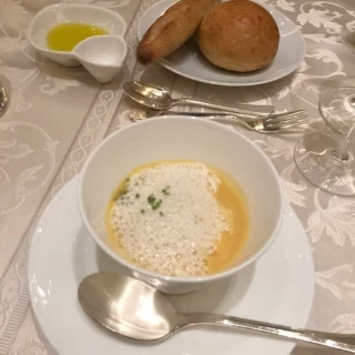 春野菜スープ　京湯葉　豆乳のカプチーノ